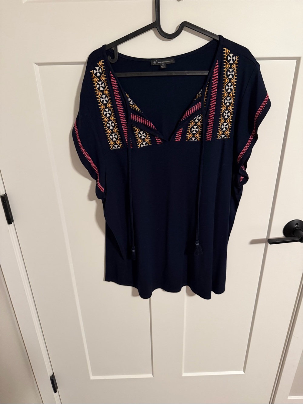 Adrianna Papell Navy Embroidered V-Neck Top with Tassel Ties